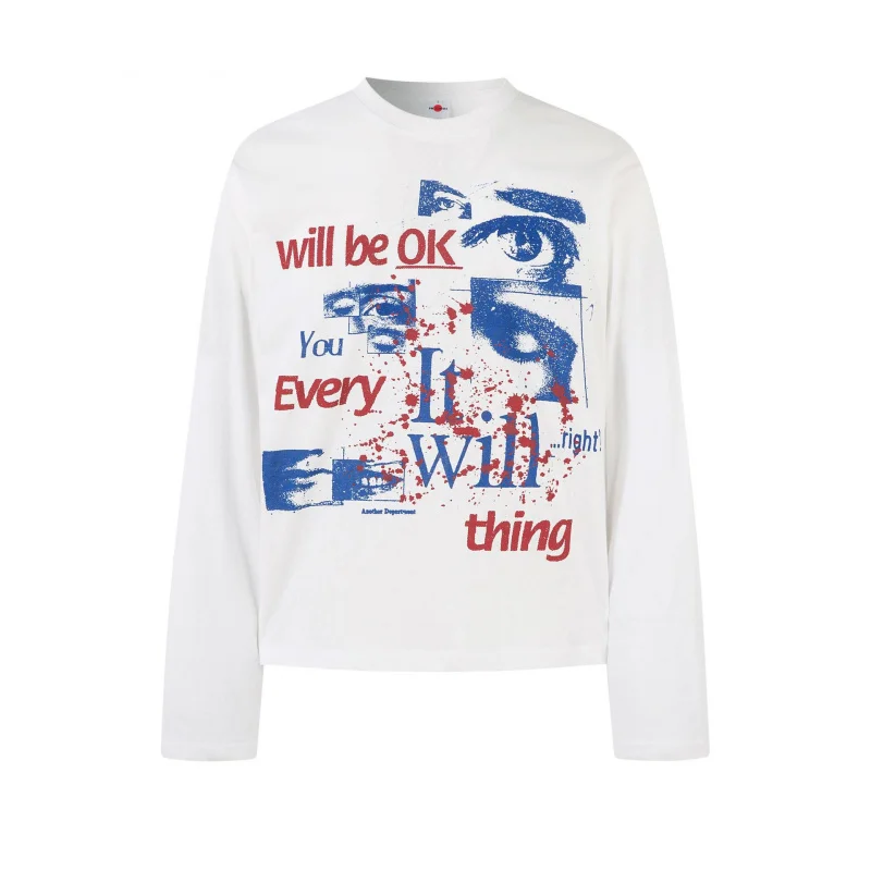 

Men's 100% Cotton White Snowflake Cotton Long Sleeve T-Shirt, American Retro Street Trend High-End Character Print Design