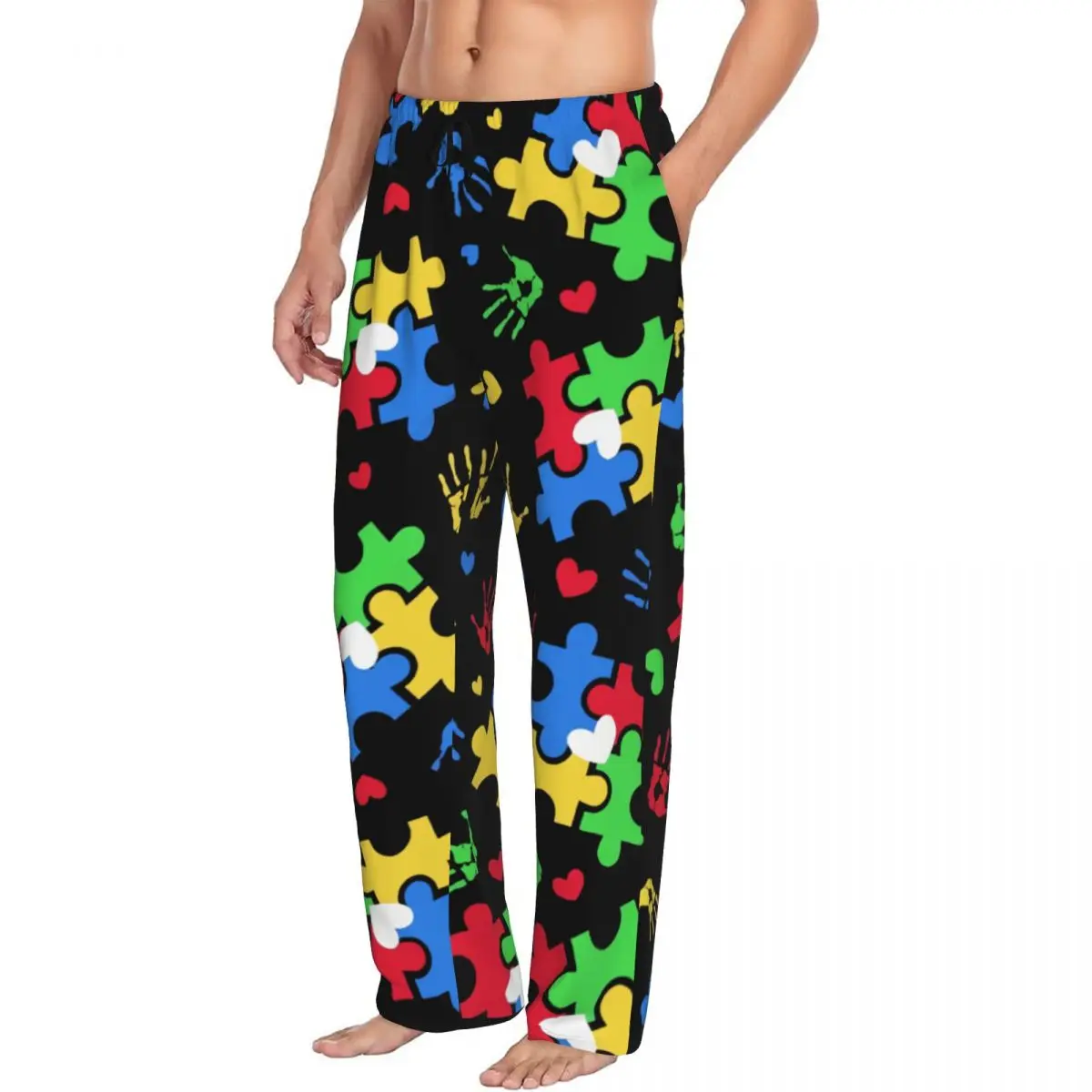 Custom Colorful Puzzle Autism Awareness Pajama Pants Men Lounge Sleep Stretch Sleepwear Bottoms with Pockets