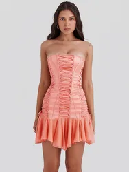 Articat Elegant Strapless Tight Lace Up Ruffle Edge Skirt For Women Summer Backless Dress Chiffon Patchwork Sexy Sheath Vestidos