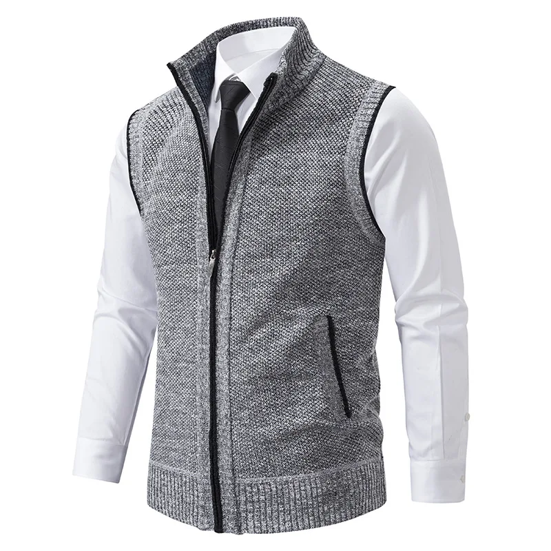 Autumn Winter Men's Solid Color Sweater Vest Casual Stand Collar Sleeveless Cardigan Knitted Sweater Thickened Zipper Waistcoat