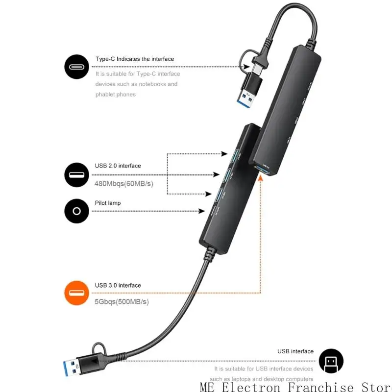 T5EA USB CスプリッターケーブルUSB C/USB男性への3XUSB2.0+1XUSB3.0+1XTYPE Cデータ転送