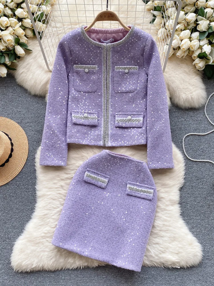 High Quality Chic Purple Sequins Tweed 2 Pieces Women's Autumn French Temperament Jacket + Skirt Office Small Fragrance Suits