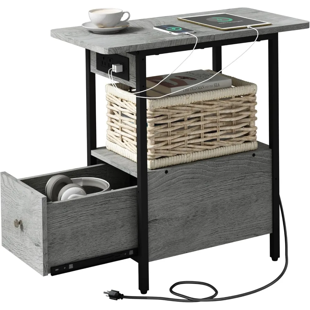 End Table with Charging Station, Narrow Side Table with Drawer and USB Ports & Power Outlets, Nightstand Bedside Tables f