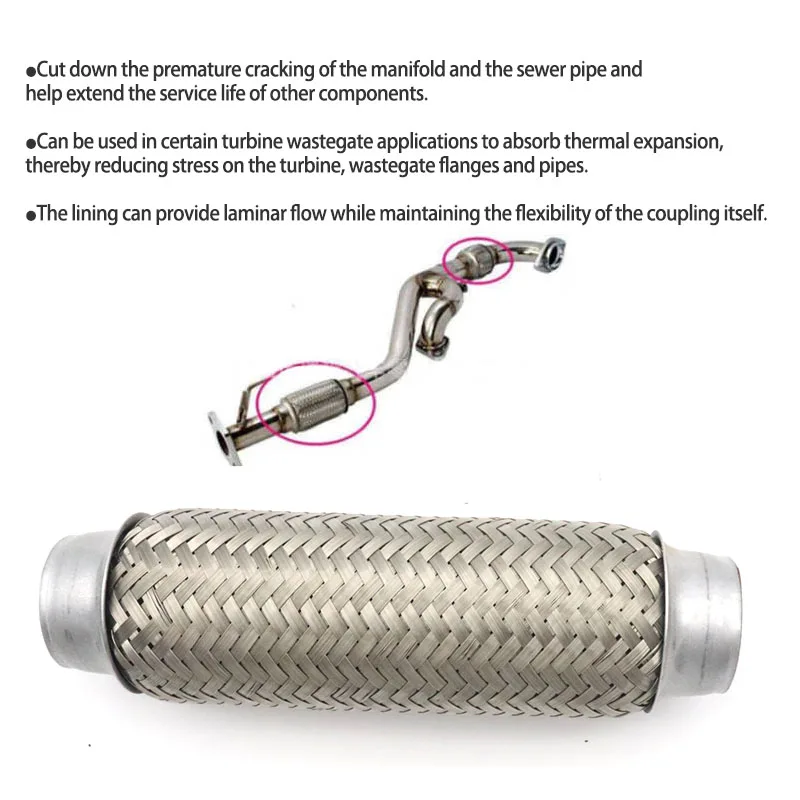 Universal 51mm/2inch Car Exhaust Flex Pipe Stainless Steel Double Braided Flex Connector Piping Weld Flexible Joint Tube for Muf