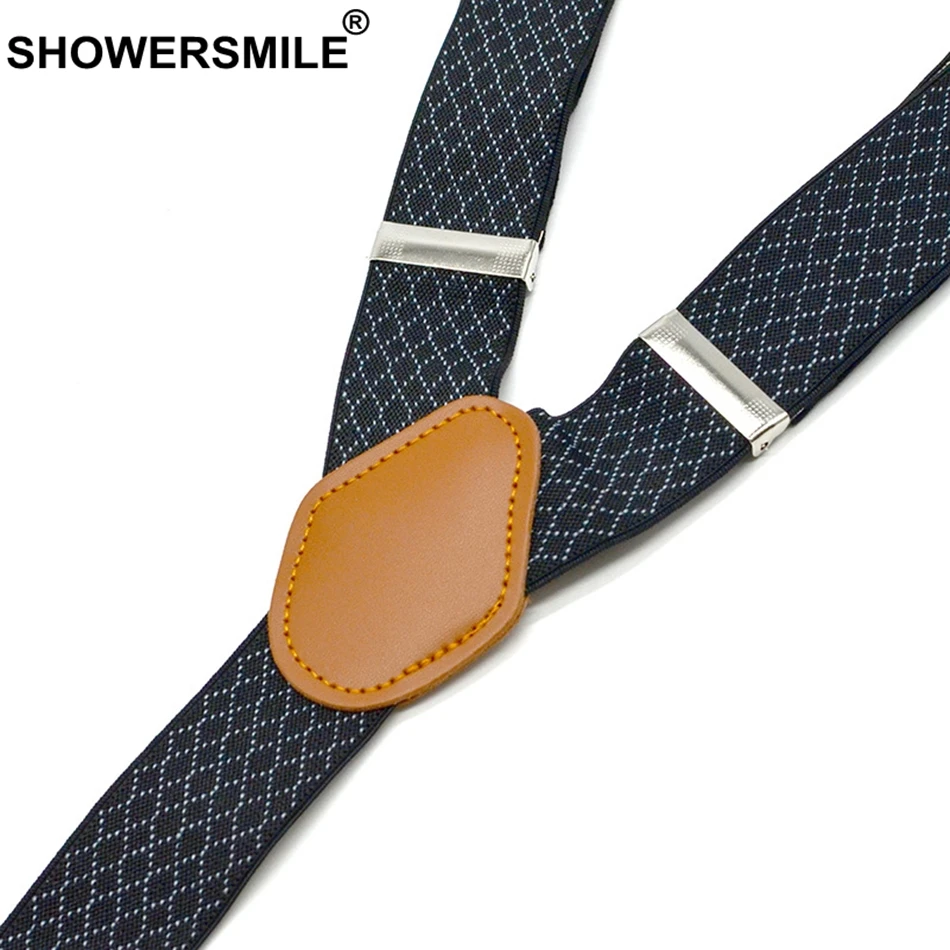 SHOWERSMILE Suspender kotak-kotak pria, kawat gigi Y bisnis tali Suspender lebar 3.5cm 3 celana panjang sabuk Suspender hitam