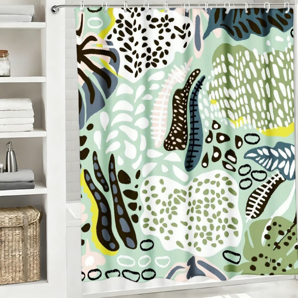 2D Flat, 4pcs Shower Curtain Set: 2D Flat Shower Curtain Set Including a Shower Curtain, Toilet Seat Cover, And a Four-Piece Bathroom Set Featuring a Mint Green Abstract Design with Black And White Dots, Leaves, And Stripes