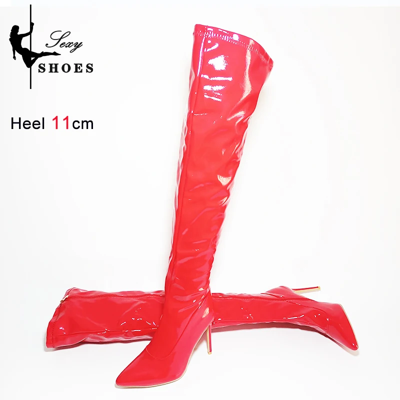 Autumn Over-the-Knee Stretch Boots Patent Leather Pointed Toe Zipper 11cm Thigh High Boots Sexy Shoes for Women Stripper Shoes