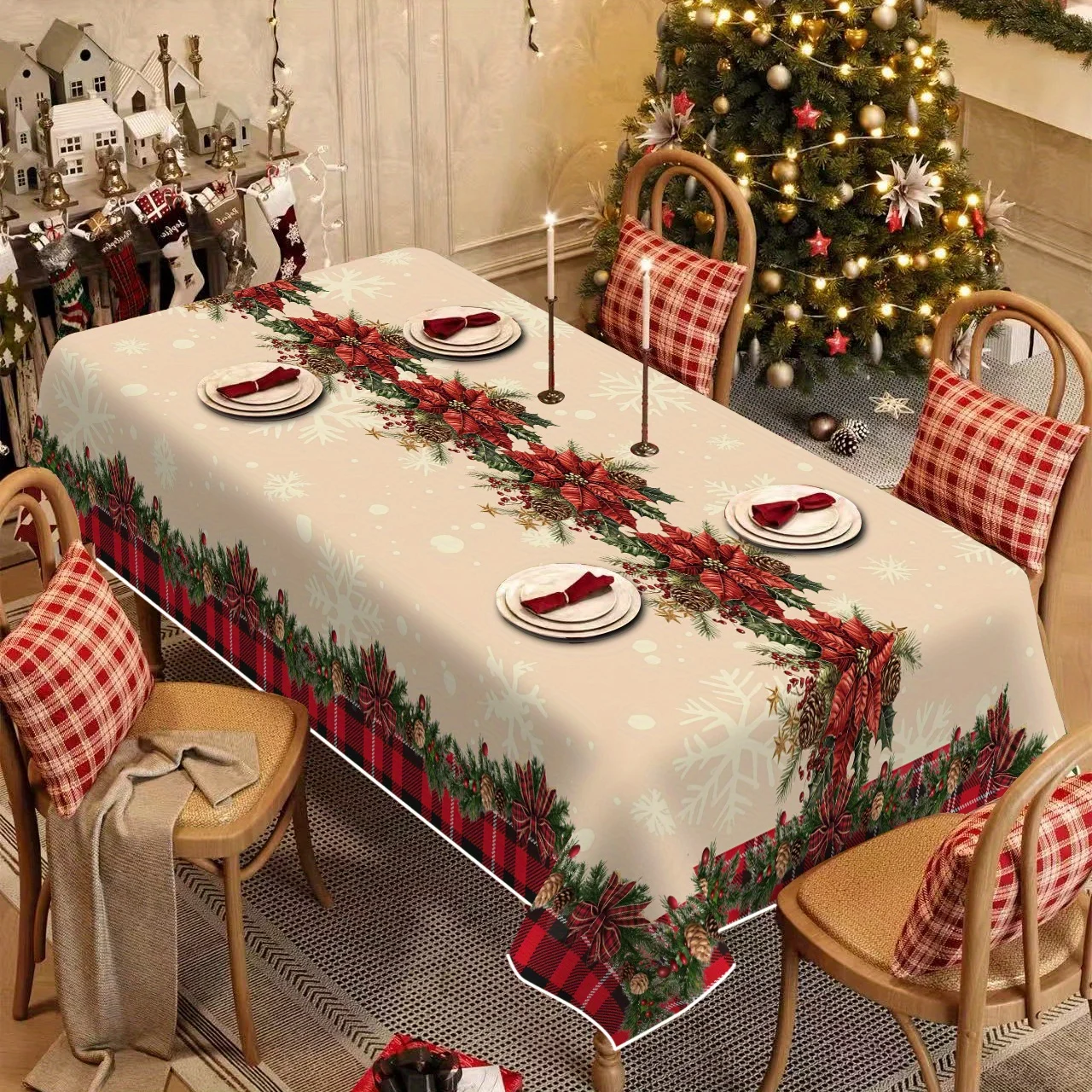 Christmas Poinsettia Pine Needle Waterproof Tablecloth Table Decor Winter Xmas Kitchen Dining Tablecloth Christmas Decorations