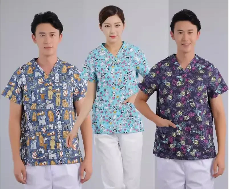 Surgical Shirt Man Cartoon Print Shirt Summer Dentistry Hospital