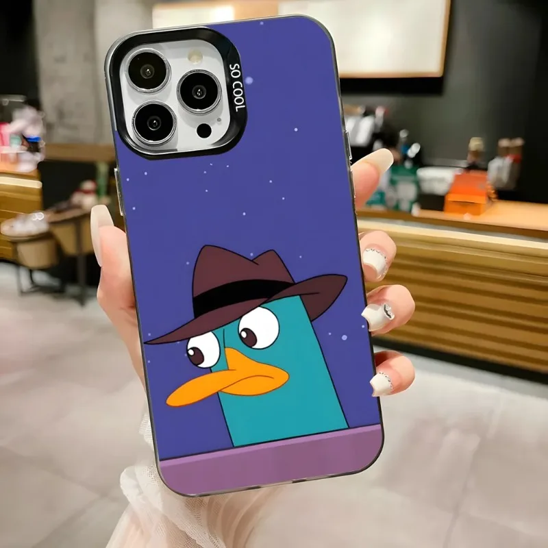 حافظة هاتف كارتون بيري The Platypus لهاتف آيفون 17,16,15,14,13,12,11,Pro,Max,Plus,Anti Fall Black Matte Hard Bumper