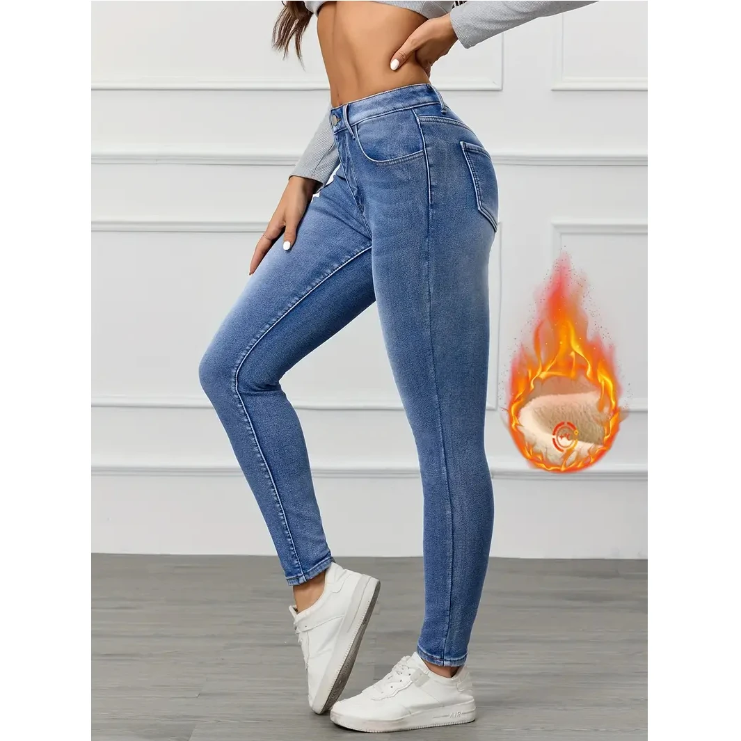 جينز أزرق مغسول Y2K عصري للنساء سروال دينم قابل للتمدد مريح مناسب للتخسيس تأثير شتوي مبطن بالصوف على الطراز الحديث #4