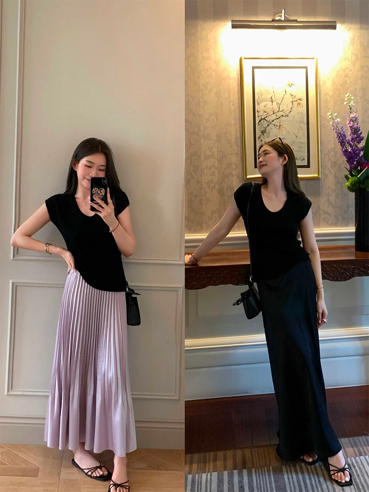 

mat U-Ne Knitted T-irt Women's Slim Fit Pure Color Commute Sle ort Sve Regular Length Summer Top