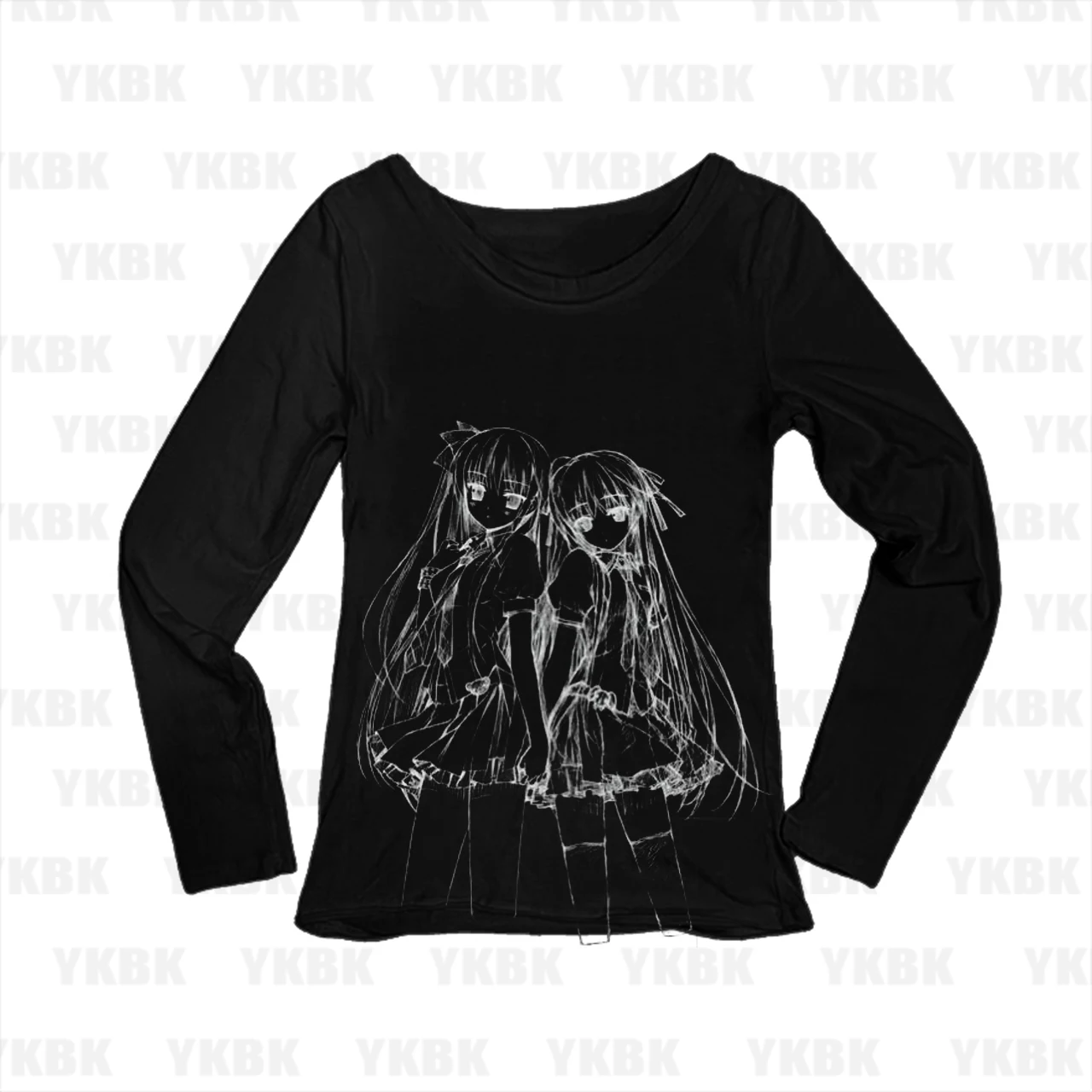 Alt Grunge Manga Sketch Twin Lolita Anime Girls Long Sleeve T-shirt Women Y2K Japanese Anime Graphic Slim Fit O-neck Tees