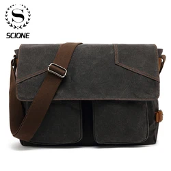 Scione Men‘s Vintage Canvas Messenger Bag Man Shoulder Side Leather Satchel Bag Husband Briefcase Laptop Travel Cycling BagsK094