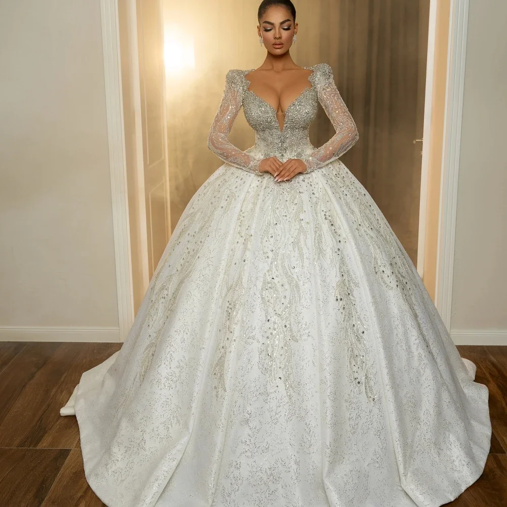 Vestidos de baile de luxo vestido de noiva querida pescoço frisado cristal vestido de casamento personalizado grande trem varredura tule vestidos de noiva