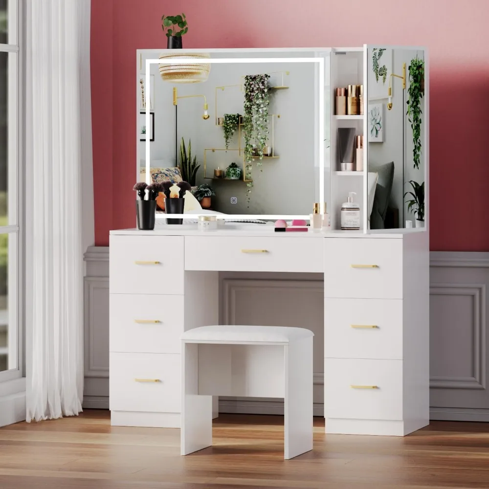 Large Lighted Vanity Desk with Stool, 7-Drawers Makeup Vanity with Mirror,Adjustable Brightness