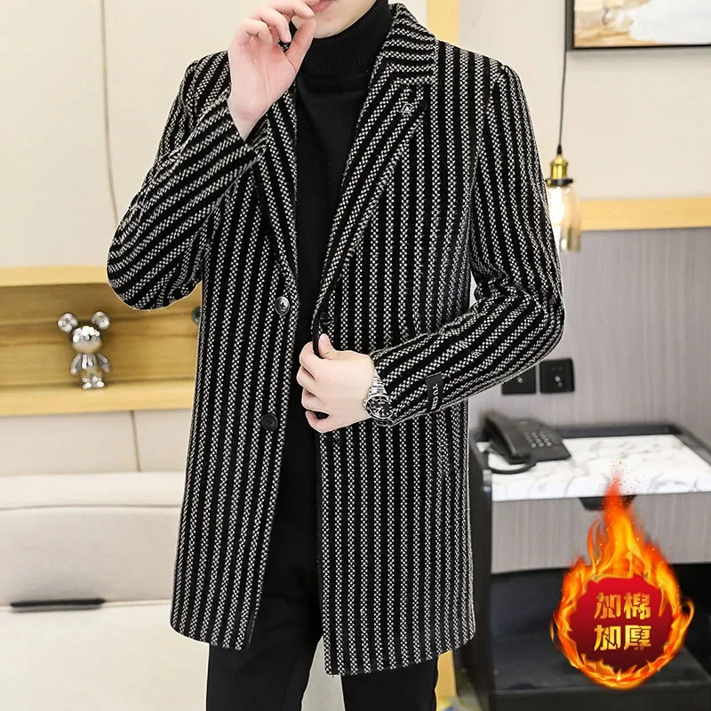 Men's fashion handsome medium-length trench coat men's autumn and winter models plus cotton men's tweed coat chenille jacquard