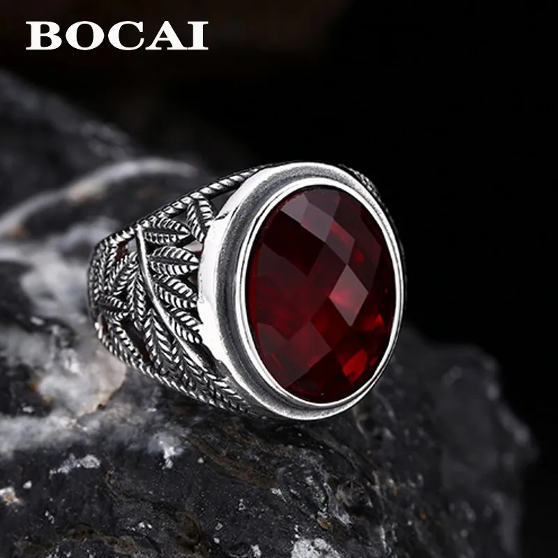 BOCAI Wholesale S925 Silver Ring for Men Inlaid With Red Zircon Beautiful Retro Trendy Personalized Jewelry Valentine's Day gift