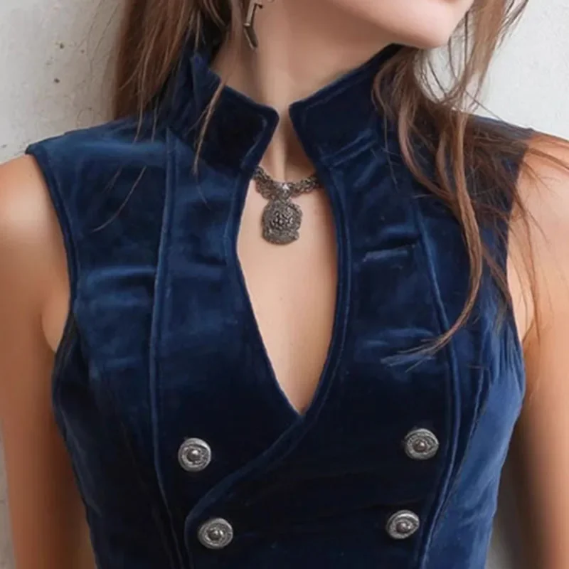 

Fall Winter Solid Velvet Women's Vest Jacket Elegant V Neck Double Breasted Top Cardigan Sleeveless Slim Vintage Outerwear Coats