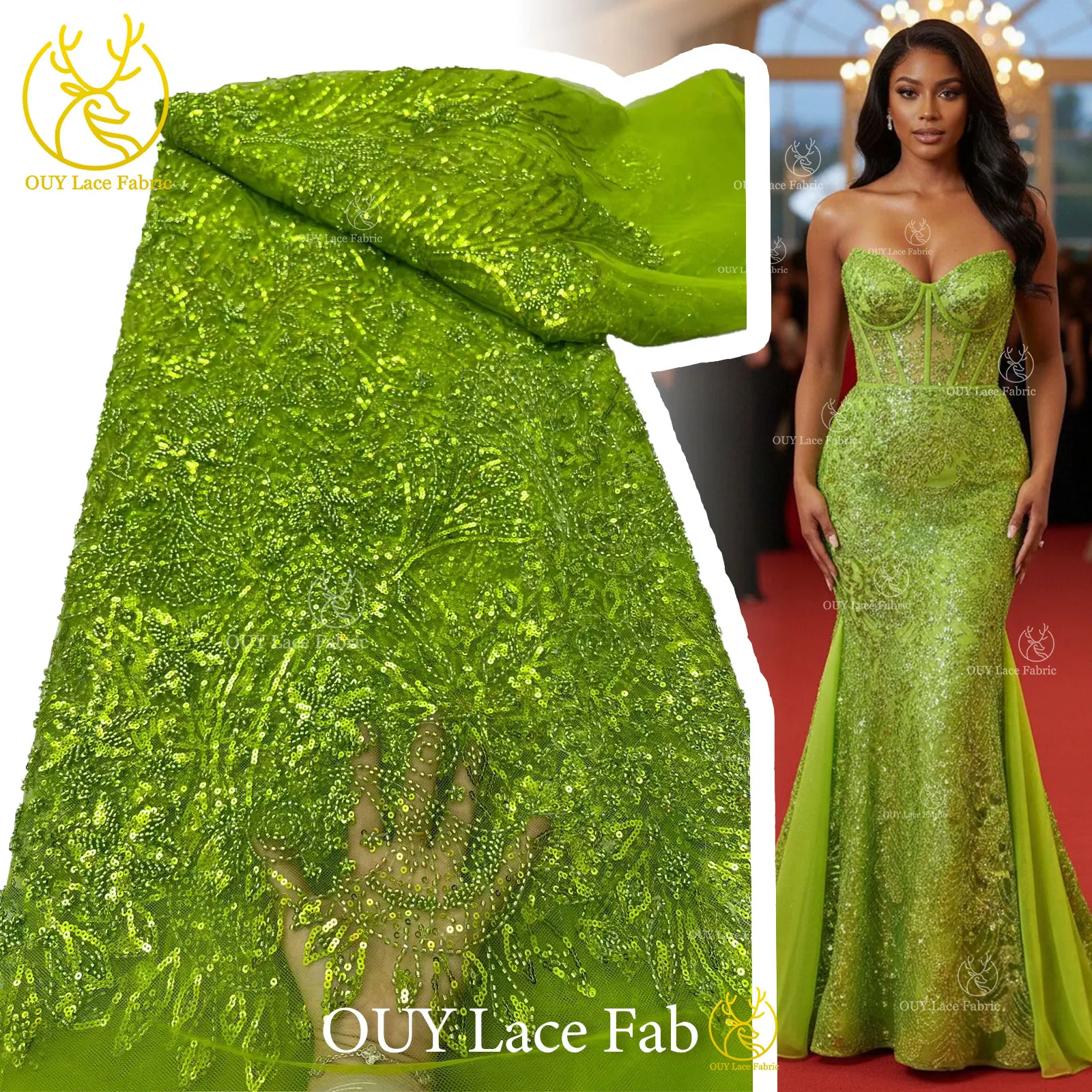 

Green Elegant African Beaded Sequins Lace Fabric 5 Yards High Quality Nigerian Mesh Tulle Lace For Women Prom Party Dress Sewing