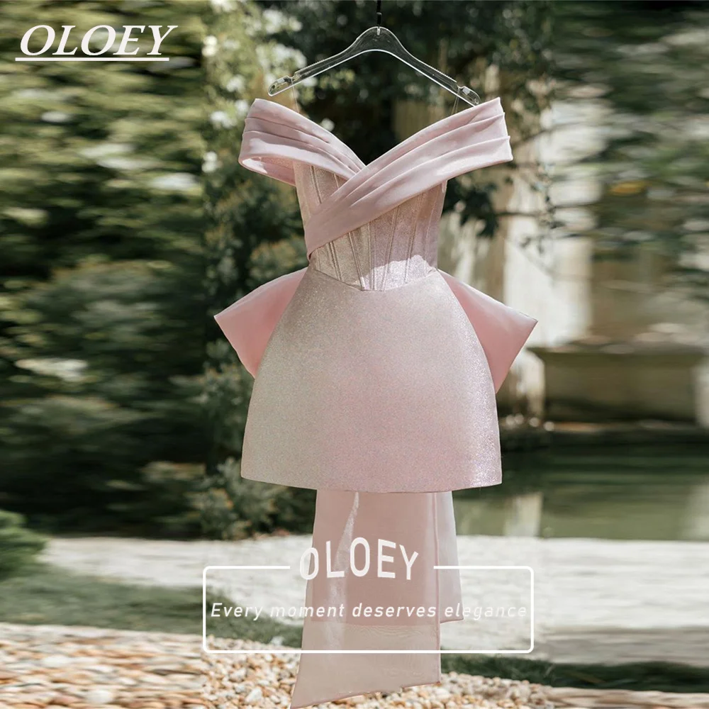 

OLOEY Modern Pink A-Line Short Prom Cocktail Dress Sparkly Off Shoulder Mini Wedding Party Dancing Gown Customized Bow Corset