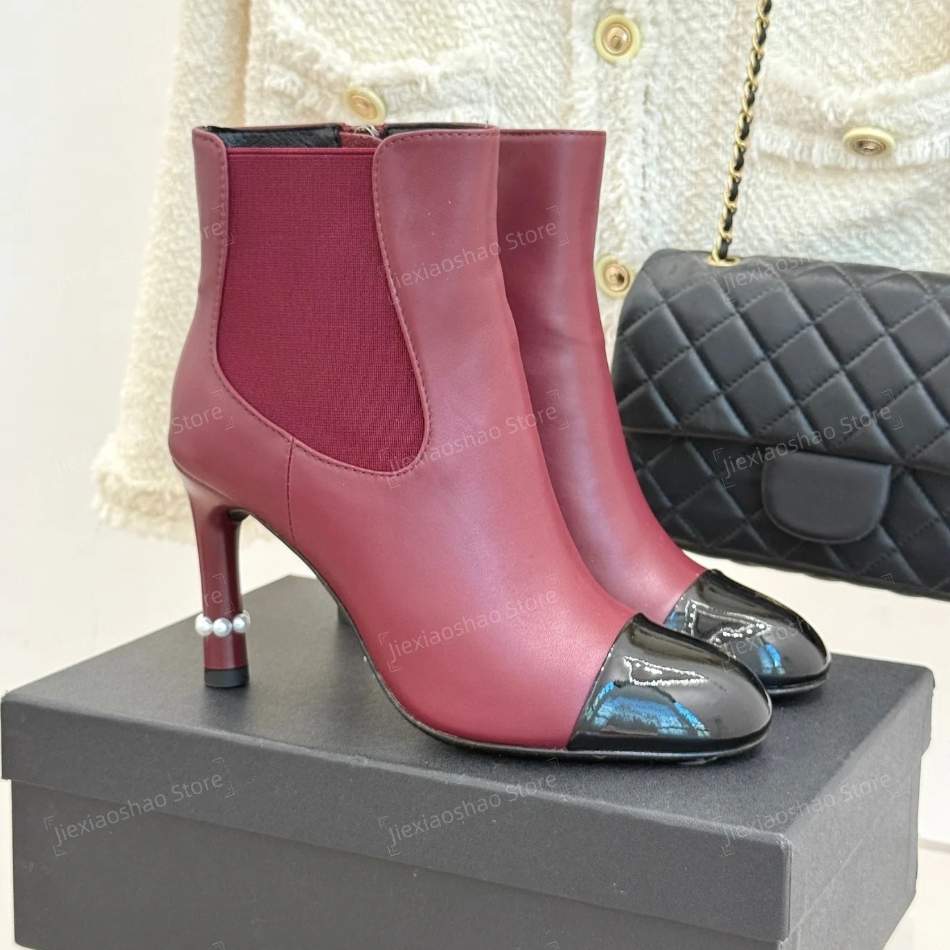 Autumn Winter Handmade Genuine Leather Round-Toe High Heel Elastic Ankle Boots Woman Shoet Boots Chelsea Boots Sapato Feminino