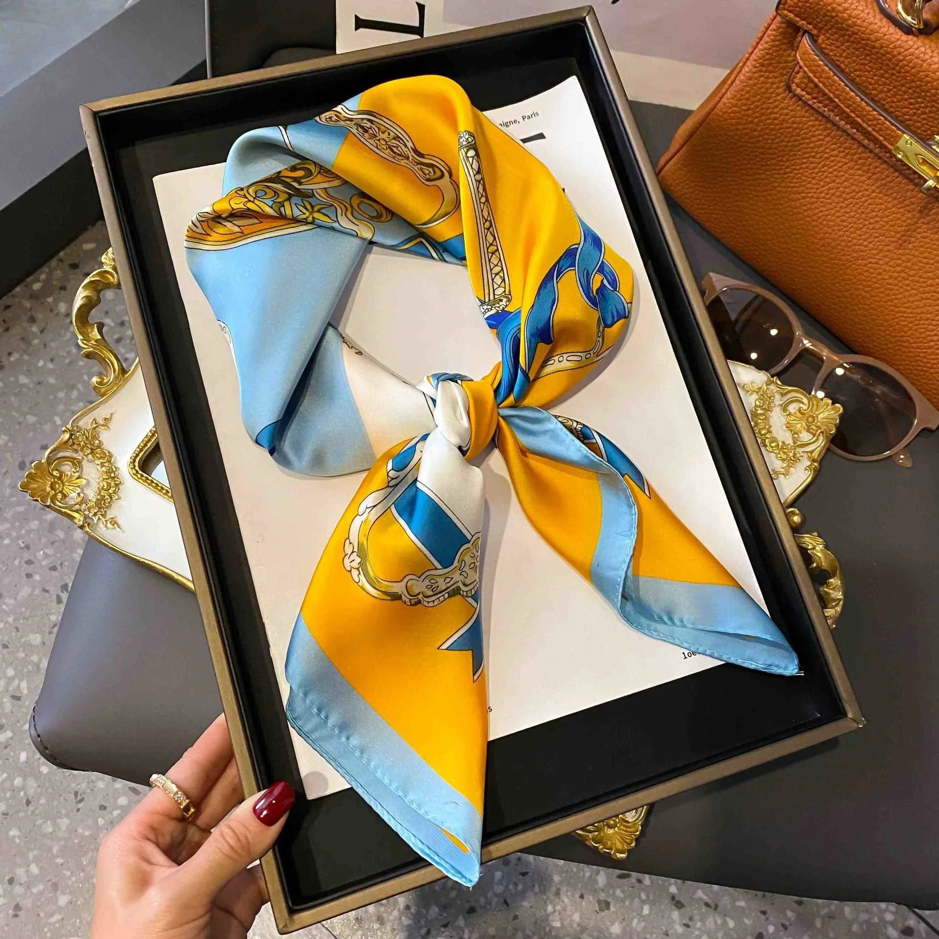 Luxury minimalist printed scarf, faux silk square 70cm, versatile spring and summer sun protection shawl, hair tie scarf