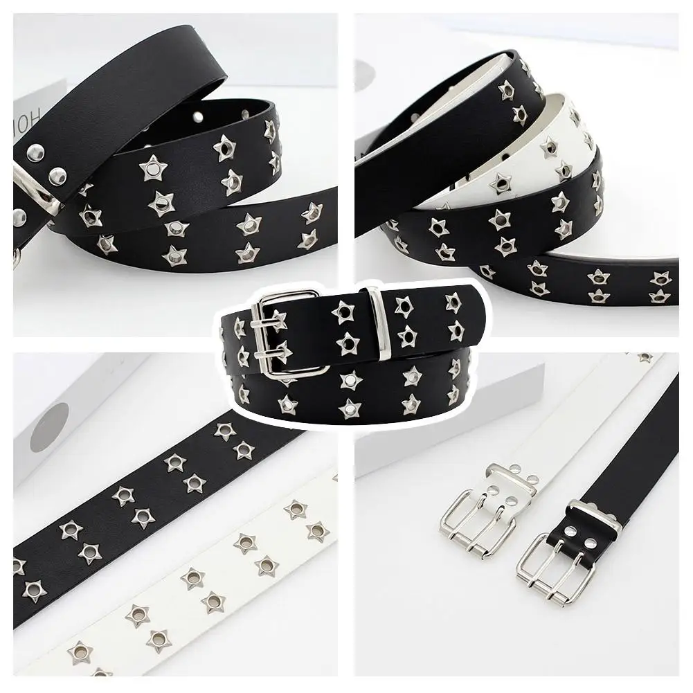 110 cm Taillengürtel Y2K Punk Nieten Ledergürtel Damen Herren Stern PU Schwarz Weiß Hüftgurt Zweireihig Hohl für Jeans Rock Dekor