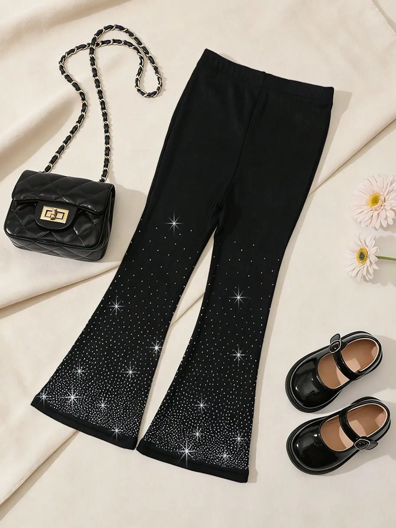 1/3-teilige Mädchen-Hose mit glitzernden Strass-Details, 2–11 Jahre, elastische Taille, Schlaghose, Polyester, Spandex, lässige lange Hose
