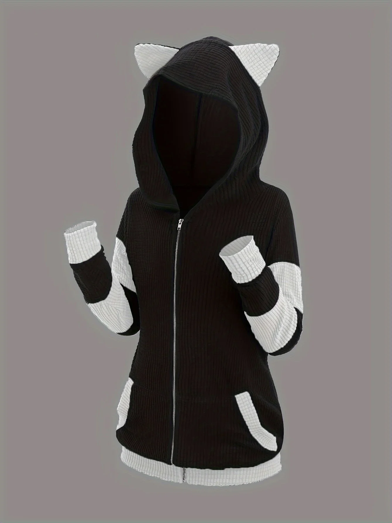 Dicker Kapuzenpullover mit Katzenohren und Reißverschluss, eine beliebte Übergrößen-Damenmode für Herbst und Winter in Europa und Amerika – Detail 8