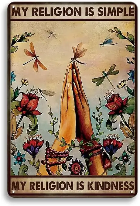 Panneau Métallique Rétro Vintage - Ma Religion C'est la Bonté, Art Vintage Libellule pour Salon, Décoration Murale pour Maison, Café, Jardin -- Panneau en Tôle