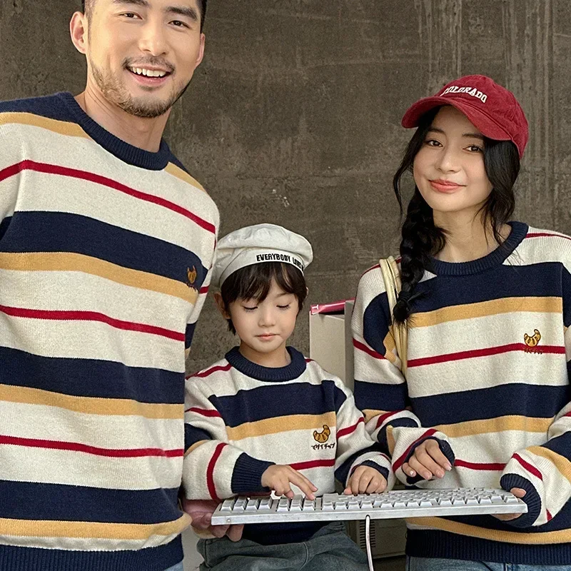 Warm Family Look Sweater Christmas Parent-child Thick Knitted Jumper Striped Winter Korea Mother Father and Daughter Son Clothes