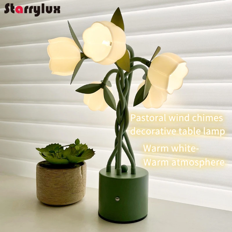 French Country Mini Lily of The Valley Table Lamp - 5 Head Bedside Nightstand Lamp, Acrylic Shade Warm Light for Home Decor