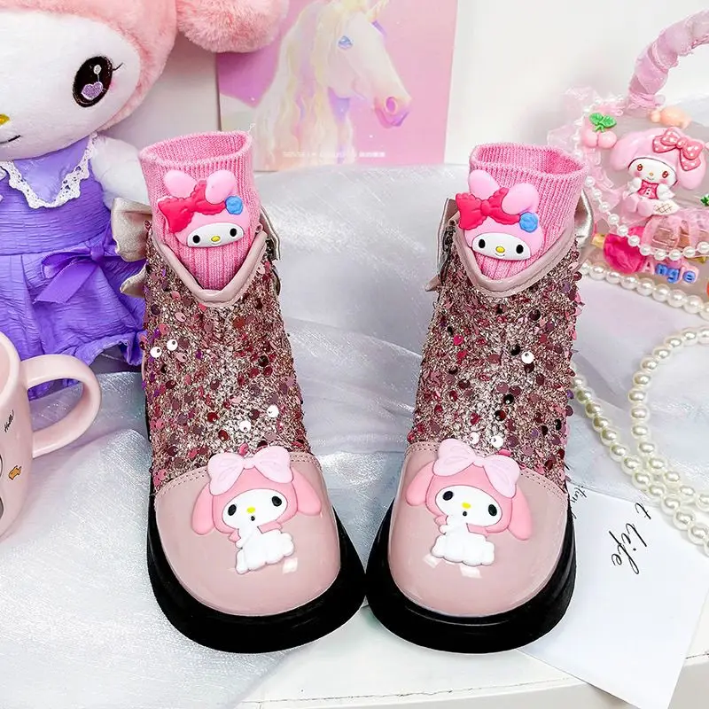 

Детские короткие сапоги Sanrio Kuromi My Melody, кожаные туфли принцессы для девочек, осенняя нескользящая повседневная обувь с блестками на мягкой подошве