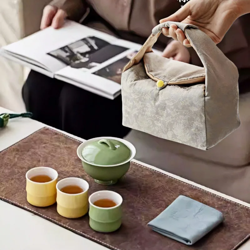 

Dragon Boat Festival Tea Set Solid Color Gaiwan Three Cups Portable Storage Bag Cloth Bag Travel Kung Fu Tea Set Bamboo Tea Cup
