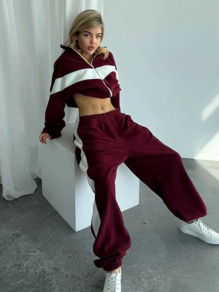 

Women Patchwork Elastic Waist Loose Straight Pant Set Chic Full Sleeve Zipper Pocket Coat Suit 2025 Lady Casual Sport Outfit New