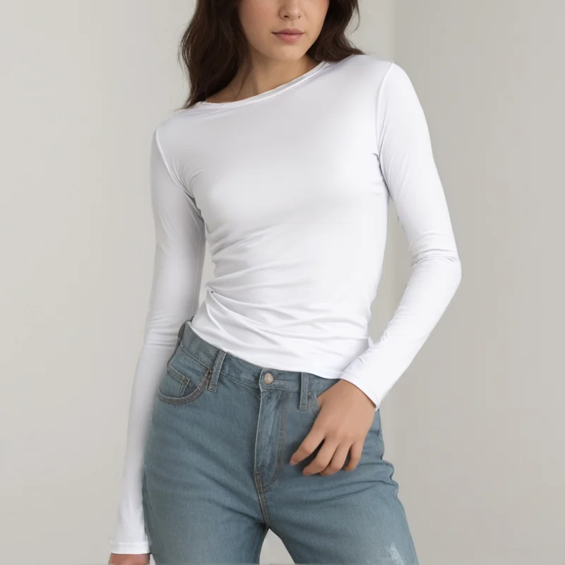 Womens Long Sleeve Slim Fit T‑shirt Basic Solid O-Neck Undershirt Casual Soft Stretchy Knit Base Layer Top Female Daily Wear Tee