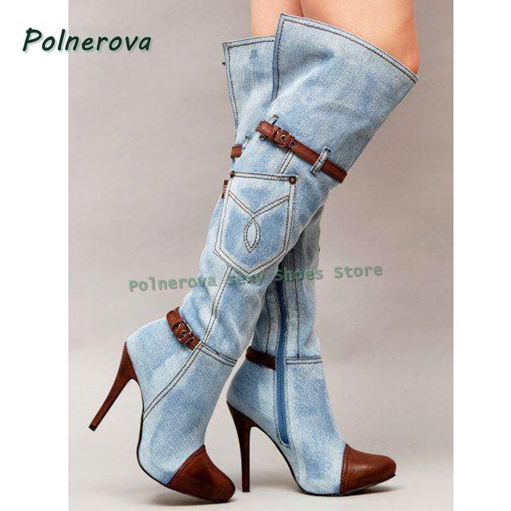 

Denim Pocket Retro Knee High Boots Pointed Toe Stiletto Belt Buckle Mixed Colors Women Fashion Modern Boot Party Sexy Shoes 2025