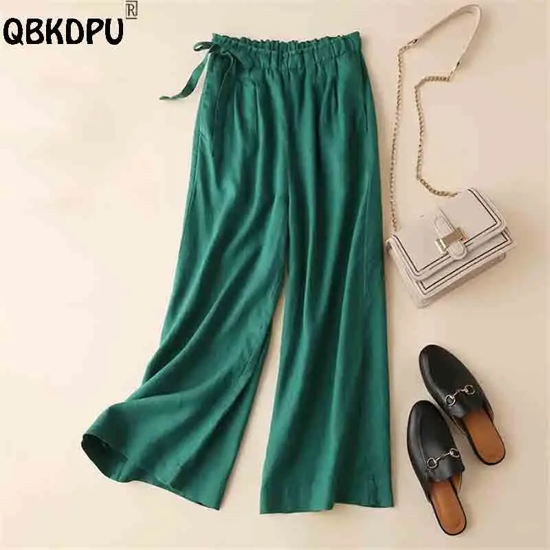 

Elegant Baggy Cotton Linen Pants Summer Thin Elastic High Waist Straight Trousers Women Casual Pantalones Oversize 85kg Spodnie