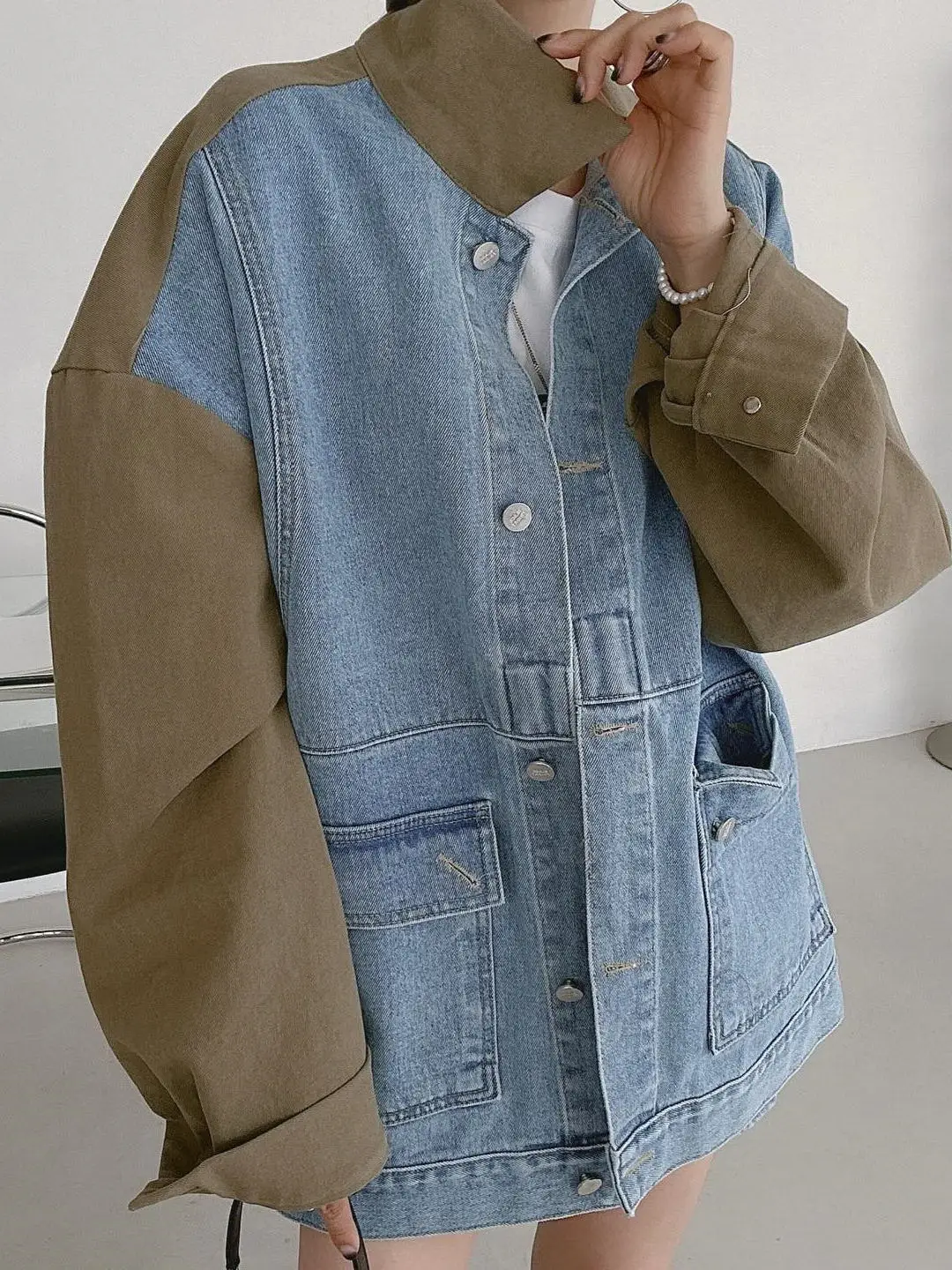 Retro Hong Kong Sle Women's Loose Long Denim Jaet Color Blo Workwear Sle Coat Chic Korean Faion Button Closure