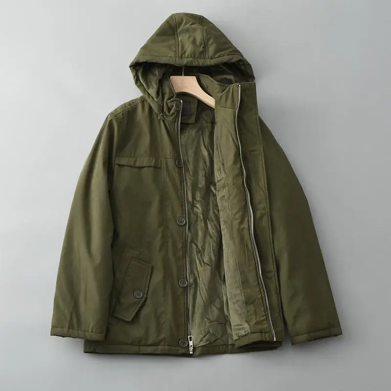 American Sle Vintage Herren mittellanger Arbeitskleidungsmantel Jaet Fce-gefütterte Outdoor-lose lässige Kapuzen-Baumwolloberbekleidung