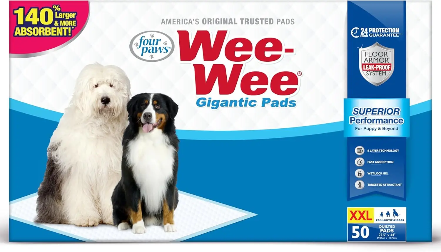 

Large Quilted Leak-Proof Pee Pads for Dogs & Puppies, Housebreaking Potty Training Floor Protection, 27.5" x 44", 50 Count