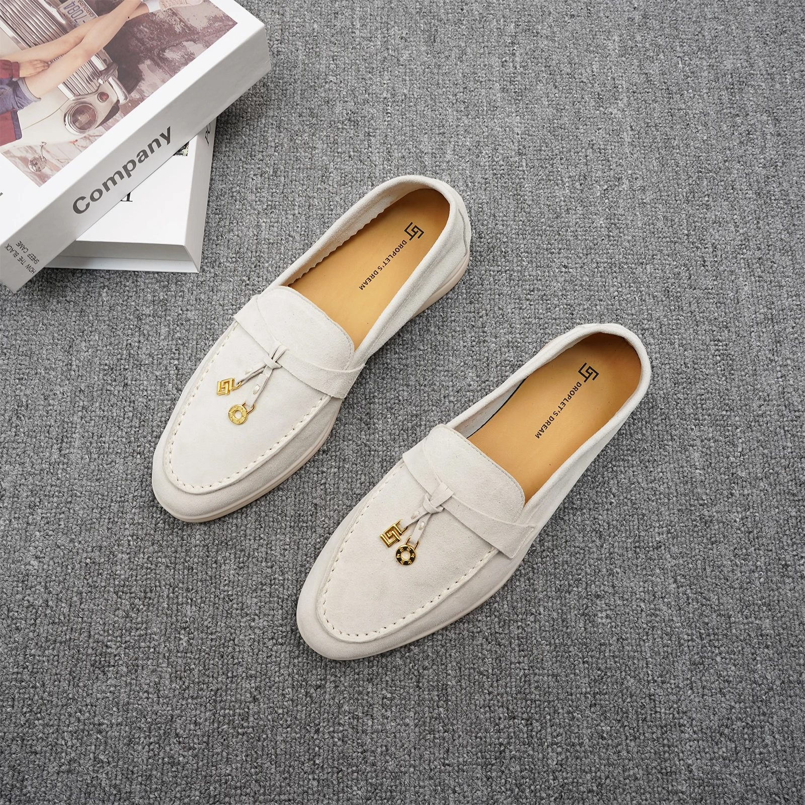 new women's round headed luxury casual shoes with cashmere surface anti slip driving shoes solid color metal decoration loafers