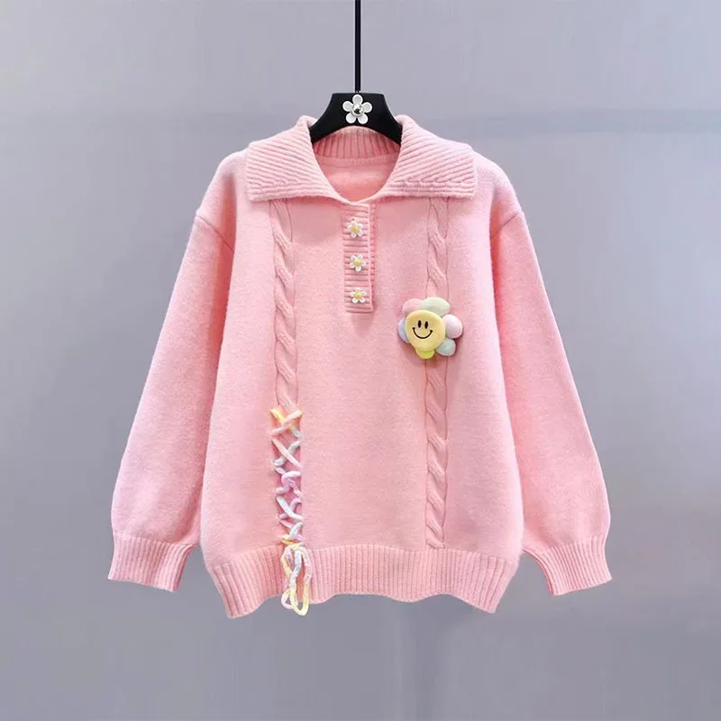 College style soft and fresh polo neck pullover, suitable for girls to wear in autumn and winter, floral knit top