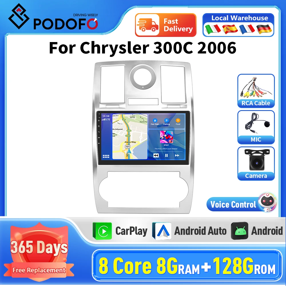 Podofo Android 8G 128G For Chrysler 300C 2006 Car Video Players CarPlay Android Auto GPS 2 din 2din No DVD Head Unit