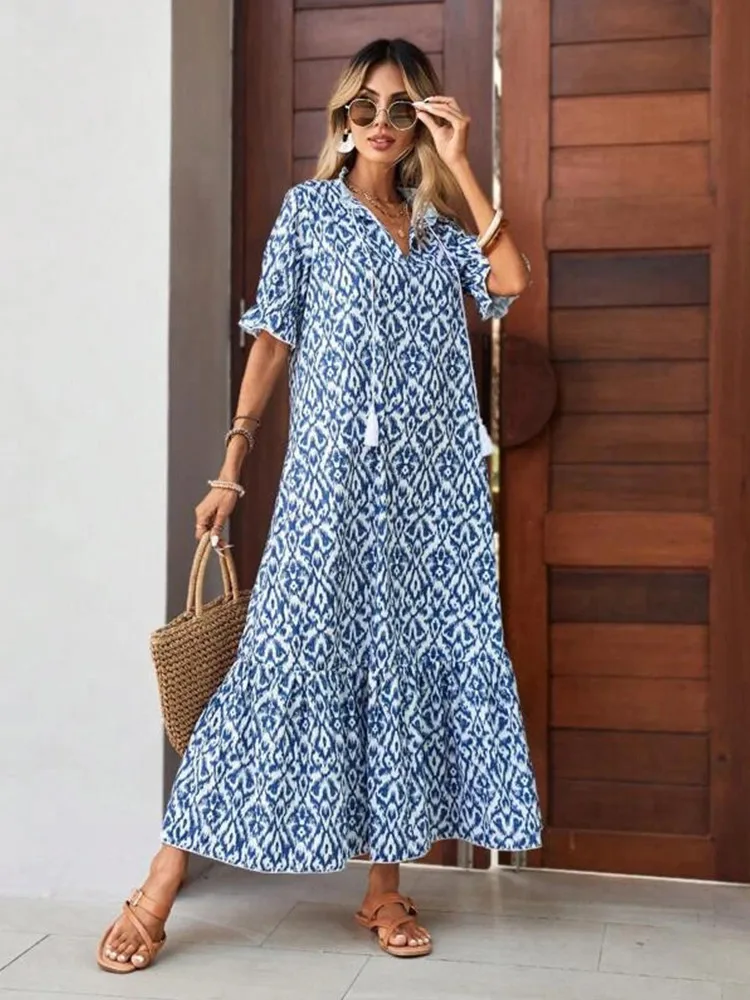 Women\'s Summer Chiffon V Neck Short Sleeve Floral Flowy A Line Maxi Dress Boho Flounce Tiered Swing Long Beach Dresses ON SALE