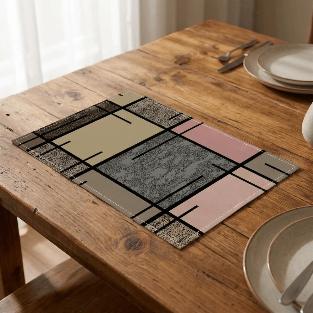 2PCS Creative Oil-Proof Dining Table Mat Rectangular Geometric Design Heat-Insulating Mat Ethnic Style Flax Non-Slip Mat Hotel