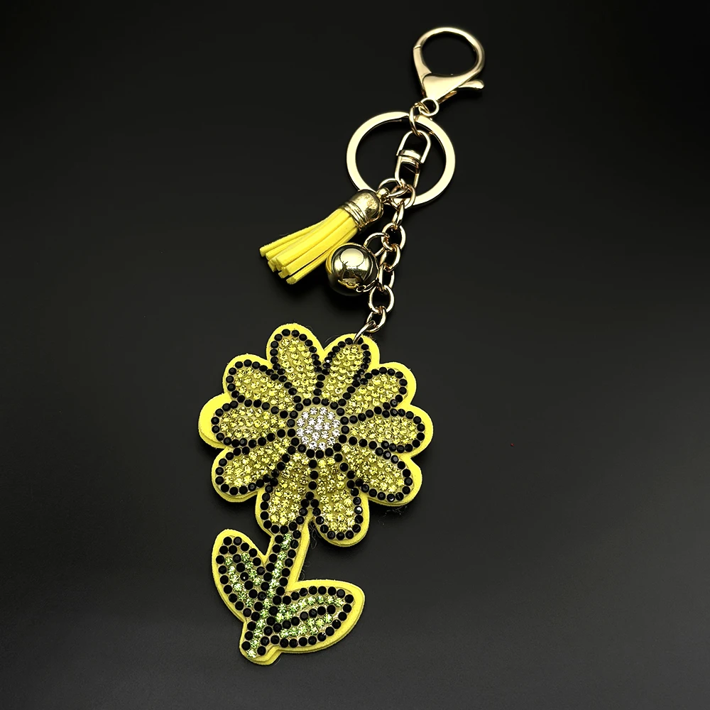 Gänseblümchen-Blumen-Kristall-Schlüsselanhänger, glänzender Strass-Blumen-Schlüsselhalter, Geschenk für Mädchen, Frühlings-Blumen-Botanik-Schmuck für Frauen – Detail 4