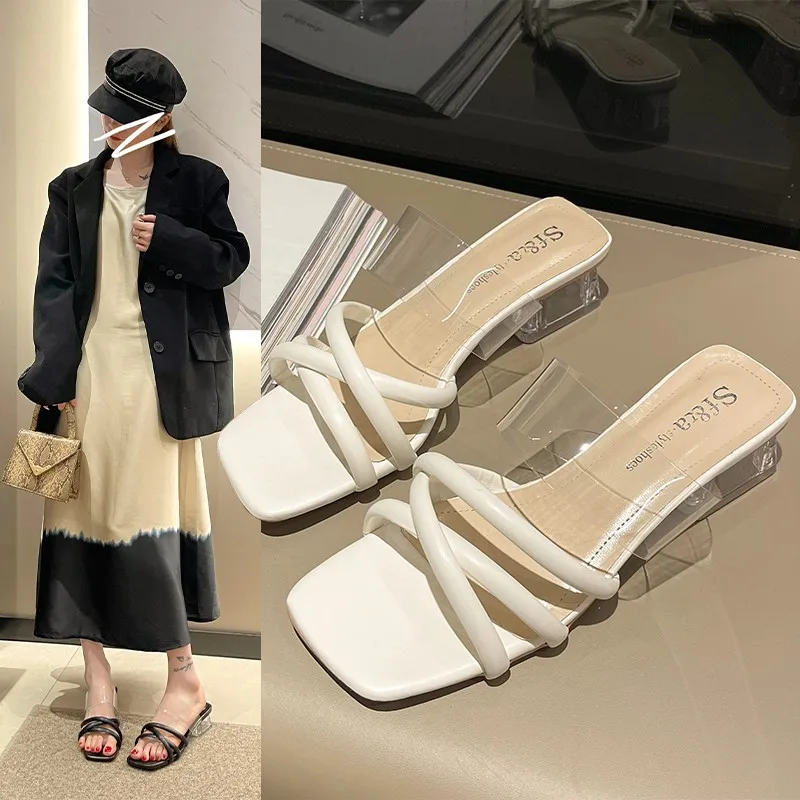 

Шлепанцы женские на низком каблуке, прозрачные, резиновая обувь, квадратный каблук, сланцы, роскошные римские, из Гавайского полиуретана, для весны, 2023