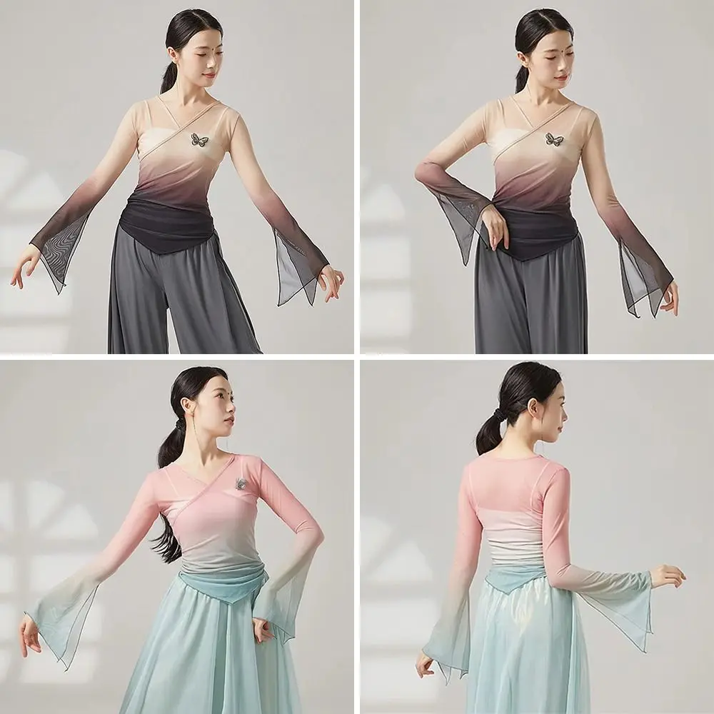 

Модный градиентный топ для классических танцев из сетки-бабочки, дышащая блузка в китайском стиле Ханьфу для женщин